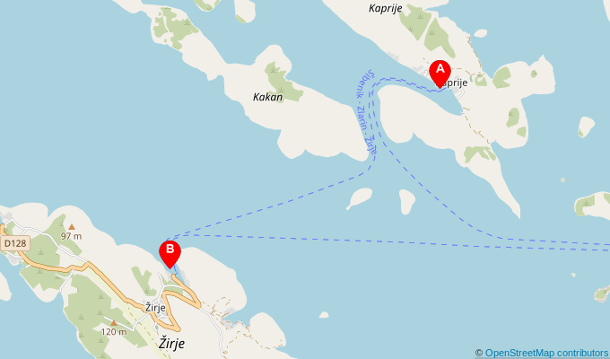 Map of ferry route between Kaprije and Zirje